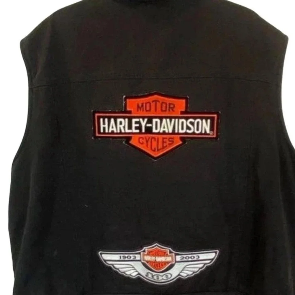 Harley-Davidson Mens 100th Anniversary Black Denim Vest XXL‎ Embroidered Patches